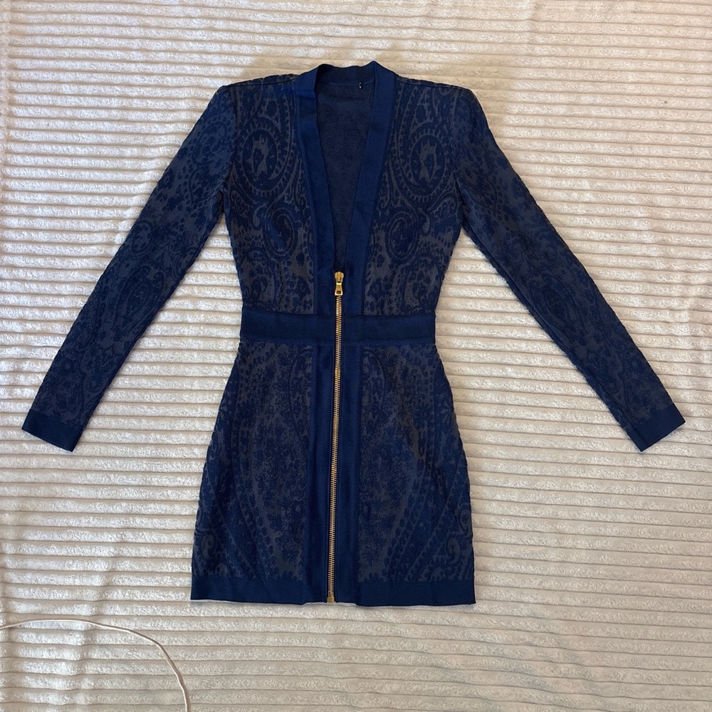 Balmain Navy Long-Sleeve Zip-Front Jacquard Dress with Gold Hardware